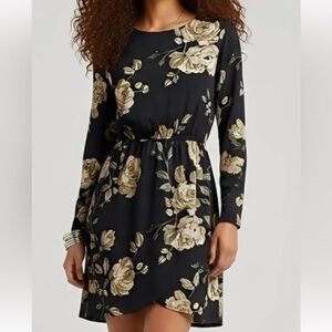 J.Crew Floral Long Sleeve Dress 12 Petite – Black Green Cinched Waist Midi